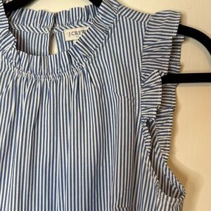 J. Crew Blue and White Striped Ruffle Sleeve Dress